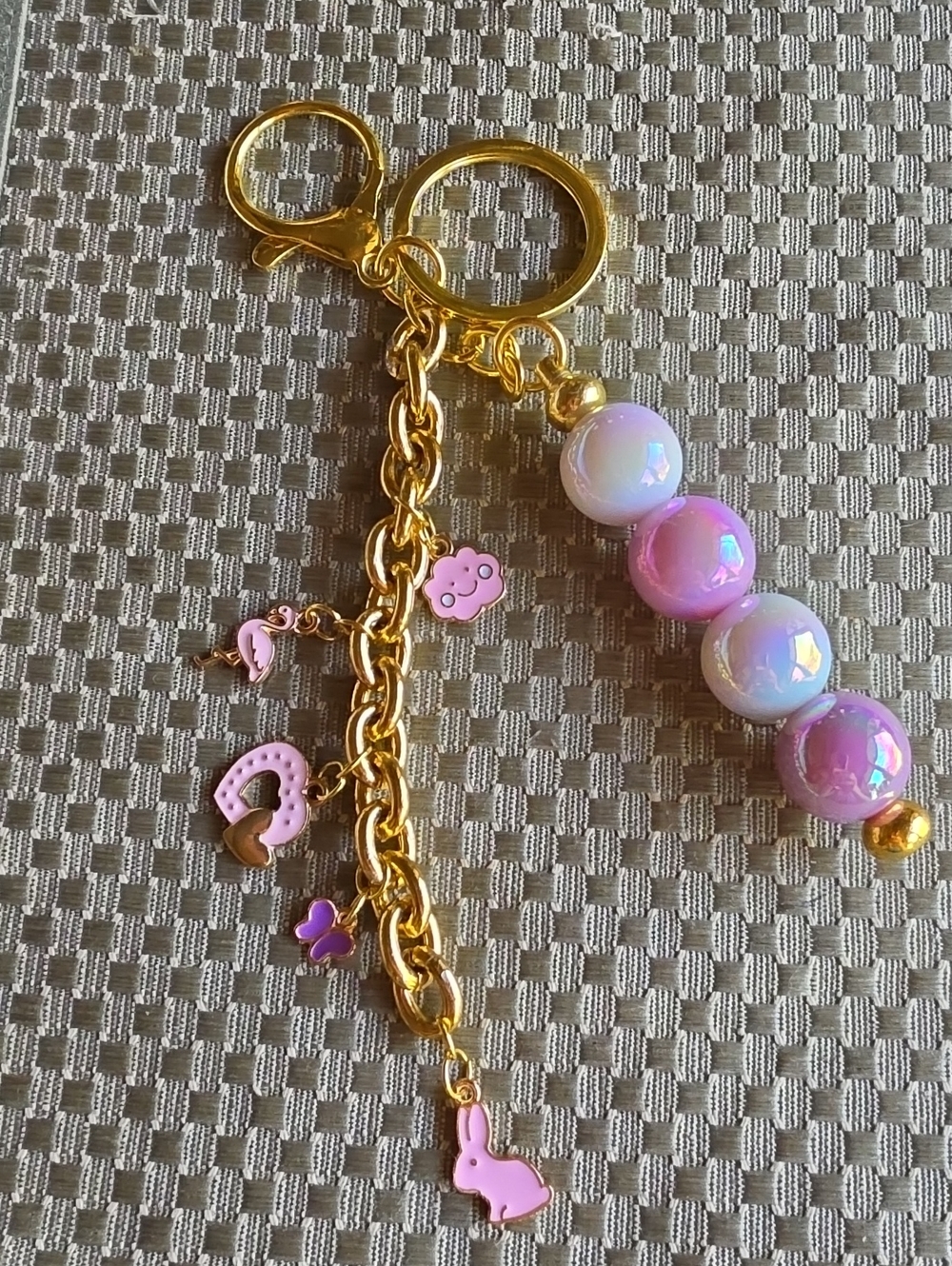 Gold-Tone Key & Card Holder Charm with Pink Beads and Enamel Accents